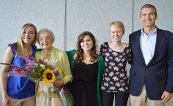 From left, Alanna Larrivee, Frances Boothby '35, '65, Danielle Morin, Kristen Stanley, USM President Glenn Cummings